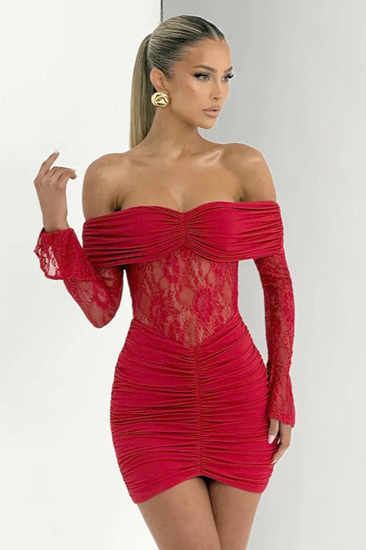 Open Shoulder Lace Trim Bodycon Mini Lace Dress Main image