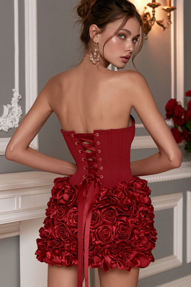 Strapless Ruffle 3D Floral Dress
