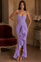 Solid Deep V Backless Ruffle Pleat Slip Dress