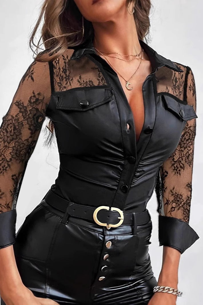 Lace Leather Panel Sheer  Long Sleeve Chic Blouse Secondary image