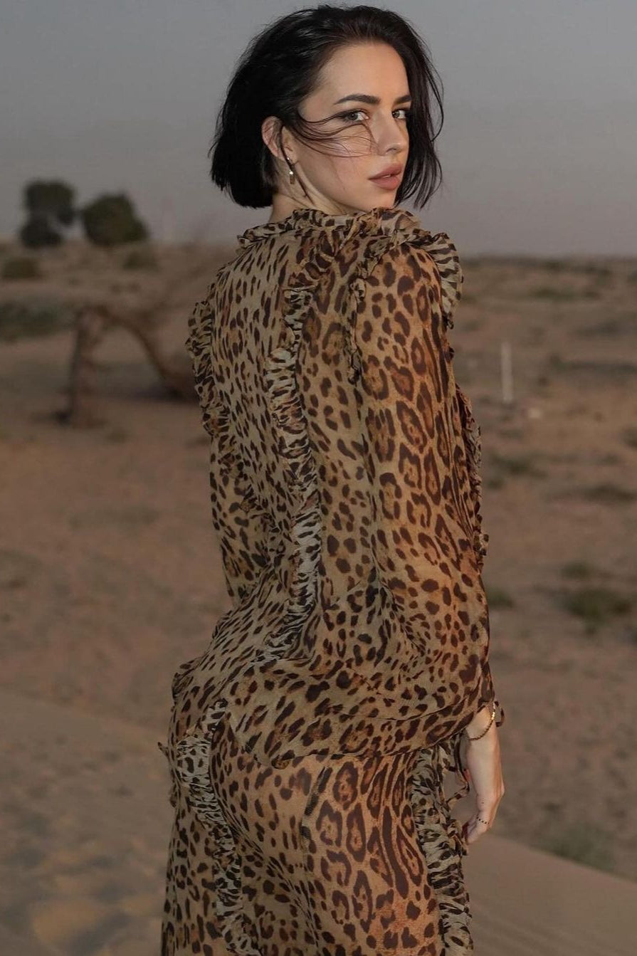 Leopard Chiffon Ruffle Long Sleeve Party Dress