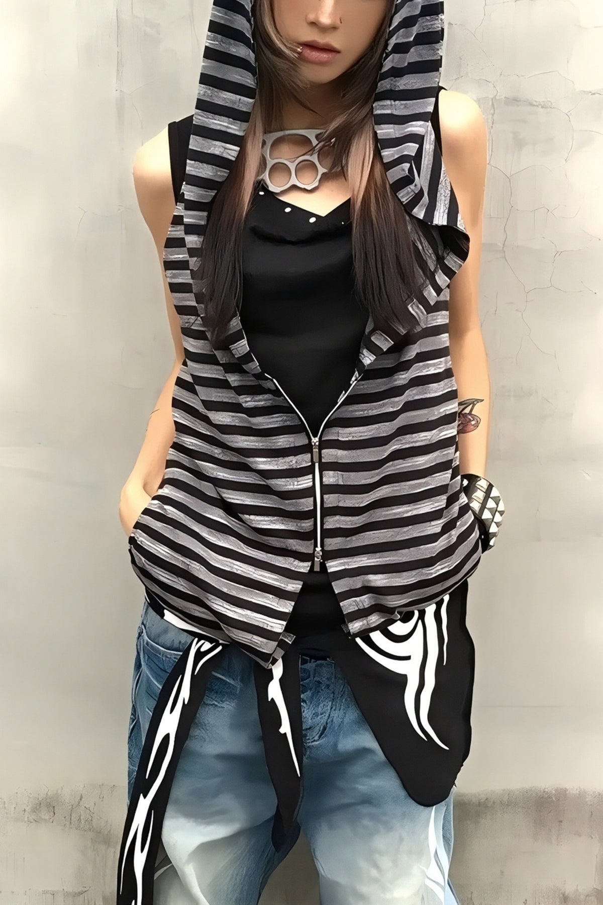 Striped Studded Sleeveless Zip Up Hoodie Main image