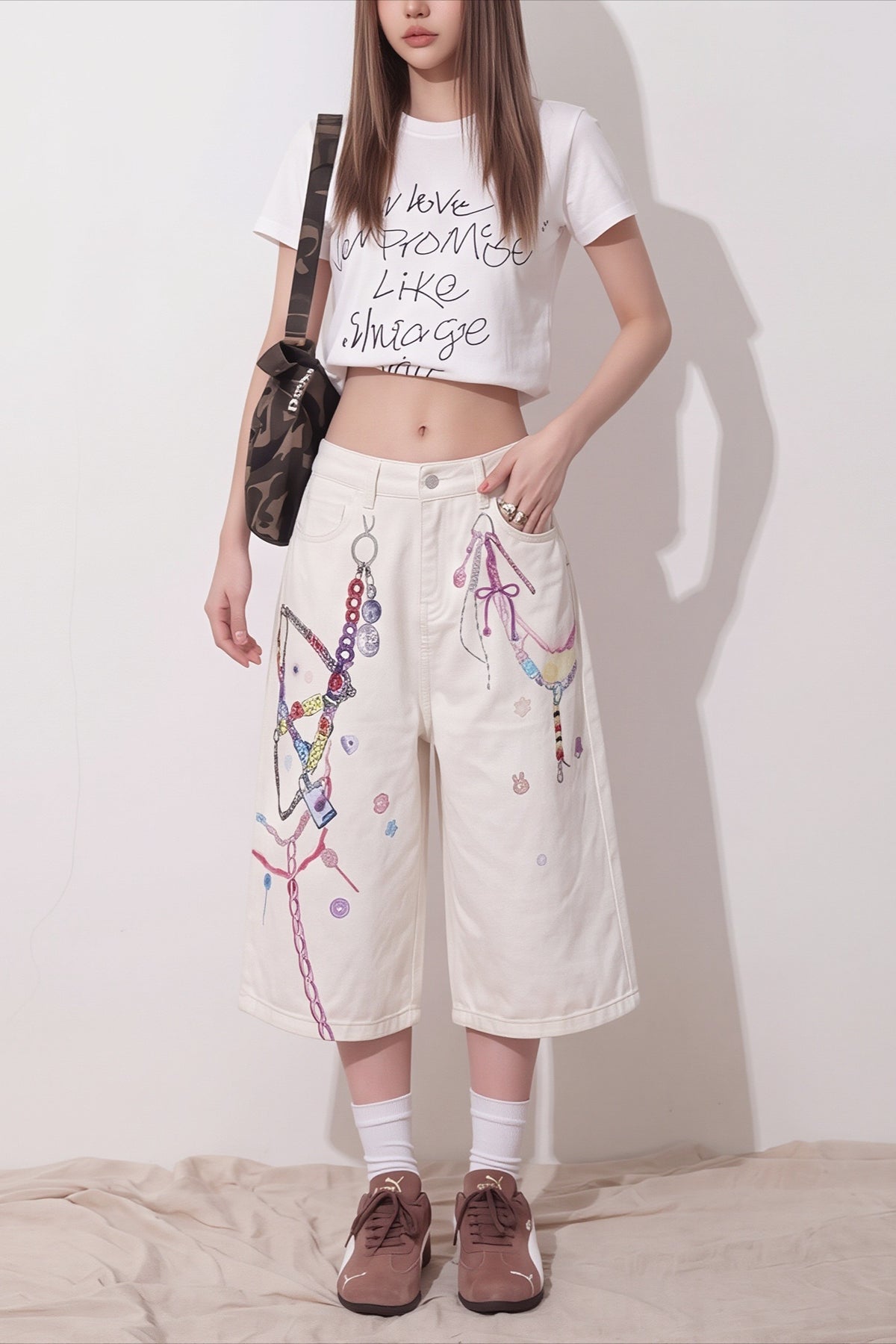 Colorful Chain Graphic Cropped Denim Pants Main image