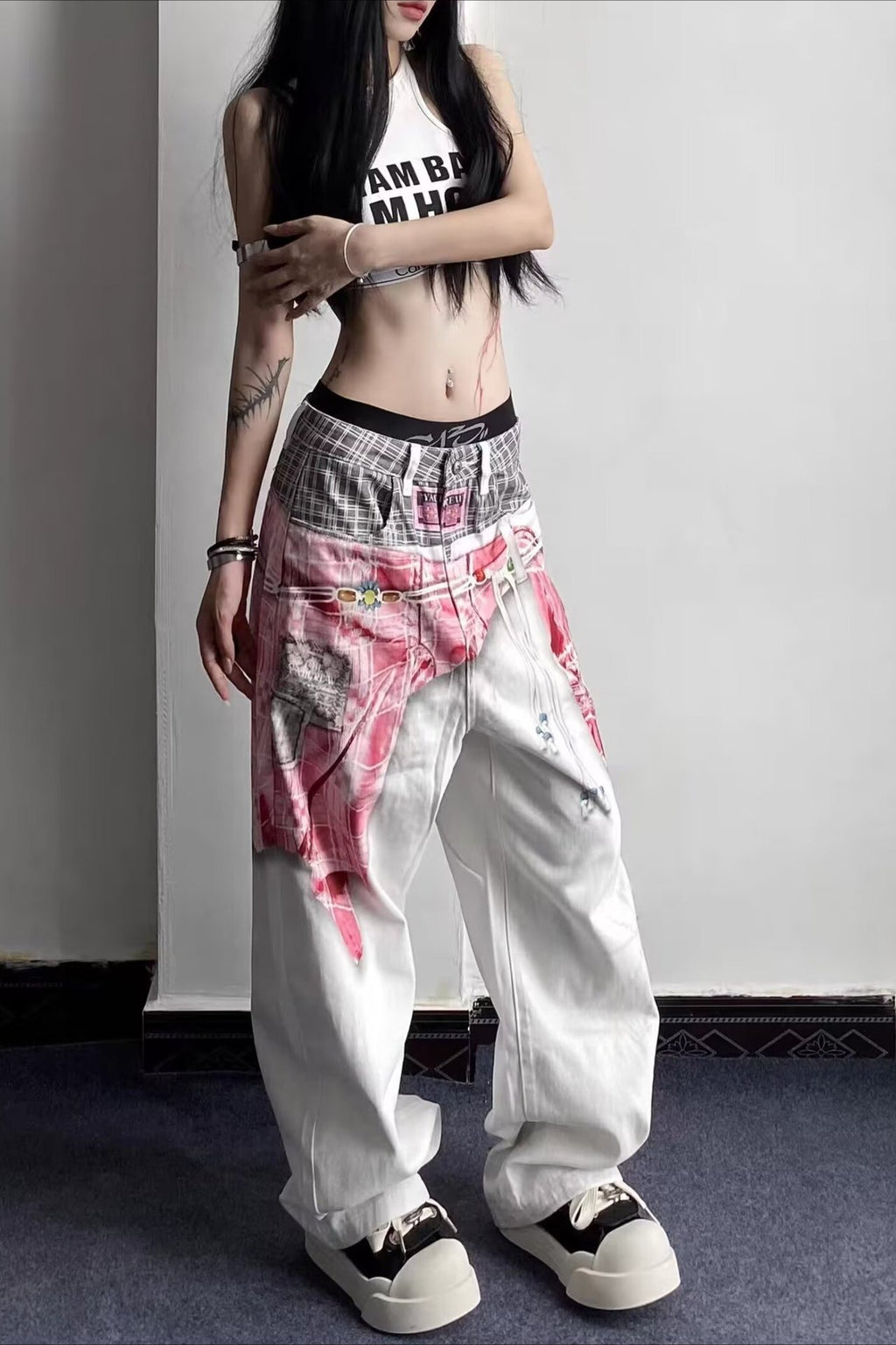 Tribal Print Layered Waist Loose Fit Jeans