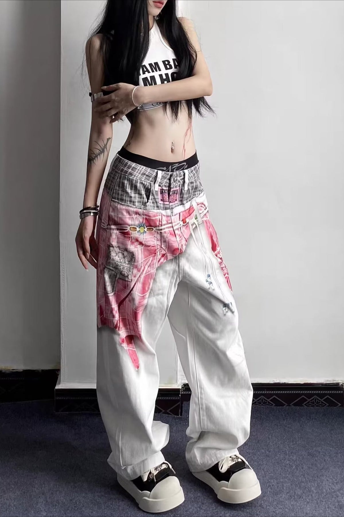 Tribal Print Layered Waist Loose Fit Jeans