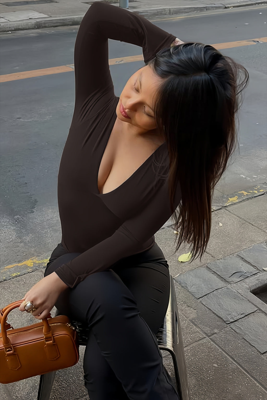 Deep V Neck Flared Sleeve Long Sleeved T-shirts