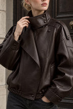 High Collar Epaulet Faux Leather Jacket