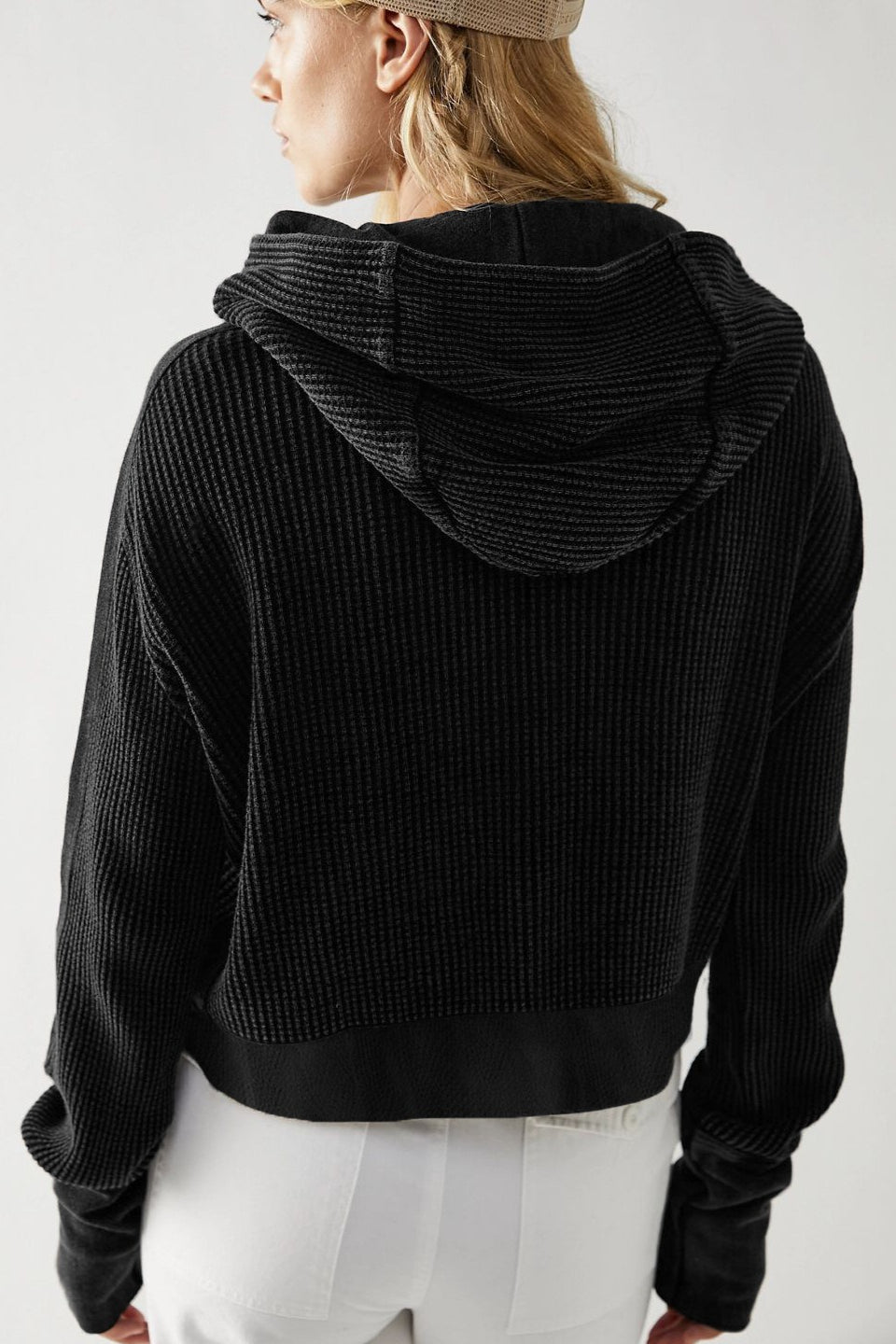 Waffle Texture Zip Front Cropped Hoodie Secondary image