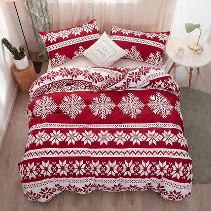 Christmas Queen Size Snowflake Duvet Cover Set - Red Bedding with Luxury Holiday Decoration (1 Duvet Cover + 2 Pillowcases)