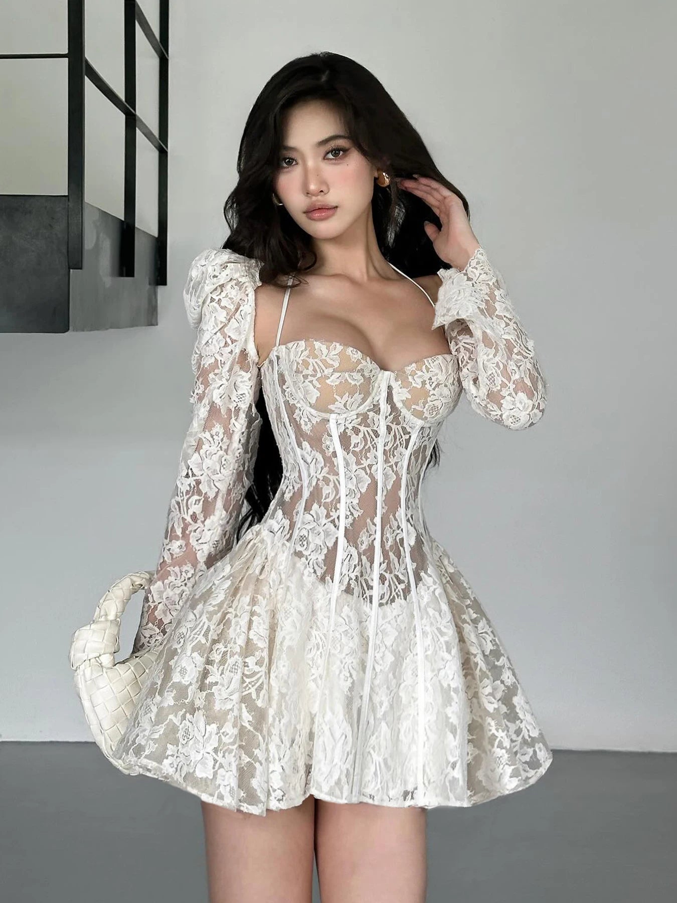 A-Line Backless Puff Sleeve Mini Lace Dress Main image