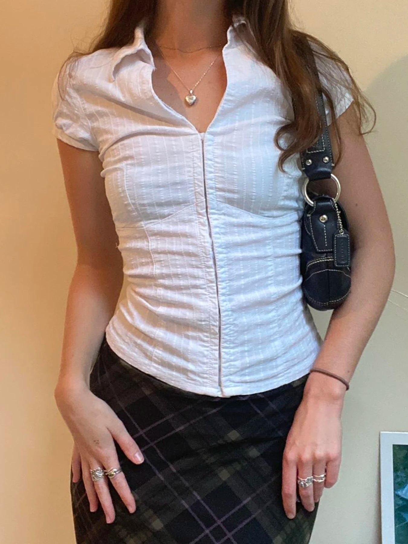 White Zipper Short Sleeve Slim Blouse Main image