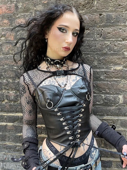 Alt Goth Cyberpunk PU Bandage Corset Crop Top