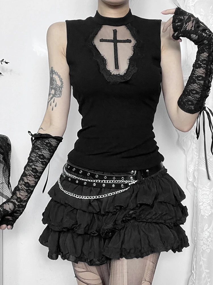 Gothic Dark Cross Mesh Patchwork See Through Grunge Alternative Crop Top