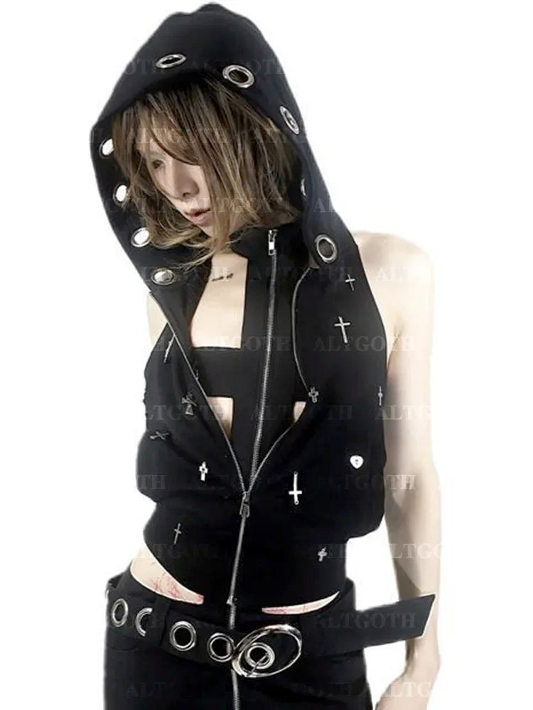 Streetwear Gothic Dark Vest Cyberpunk Cross Hooded Alt Grunge Crop Top Main image