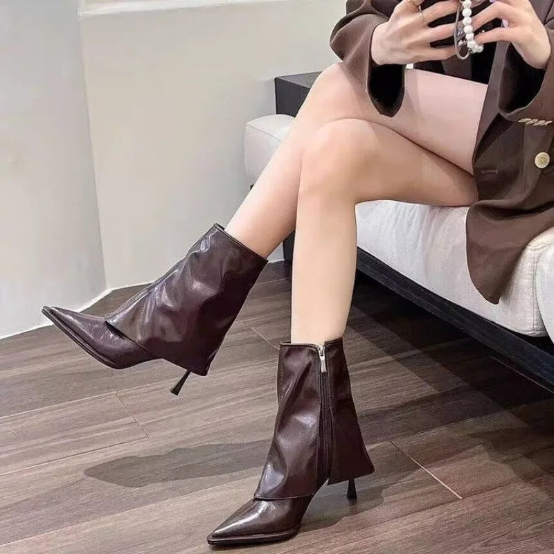 Black Beige Brown Microfiber Pointed Toe Stiletto High Heel Ankle Boot