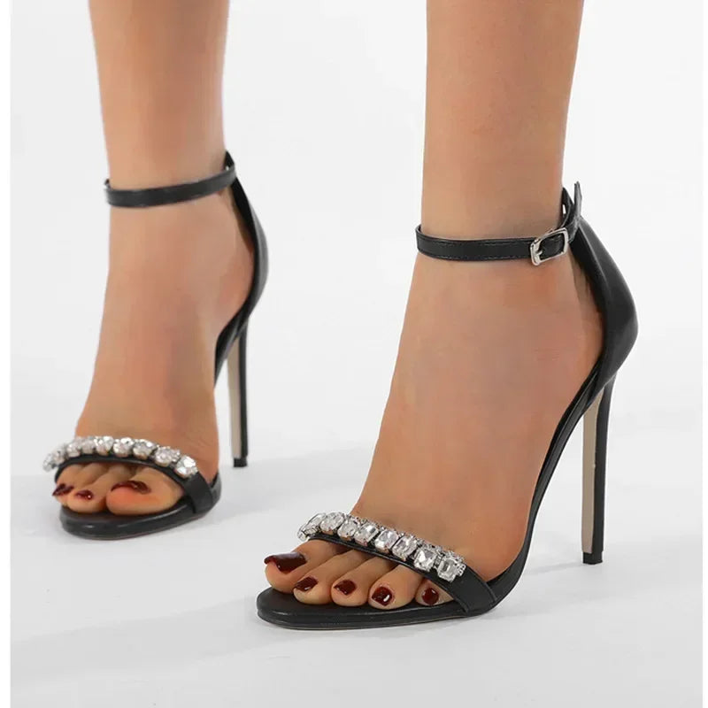 Elegant Apricot/Black Open Toe Rhinestone Band Buckle Strap Cover Heeled High Heel Secondary image
