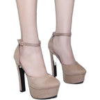 Apricot/black  round toe flock platform buckle strap Thin heel High Heel