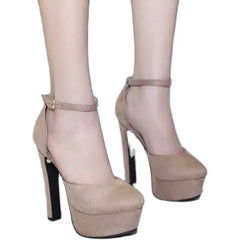 Apricot/black  round toe flock platform buckle strap Thin heel High Heel