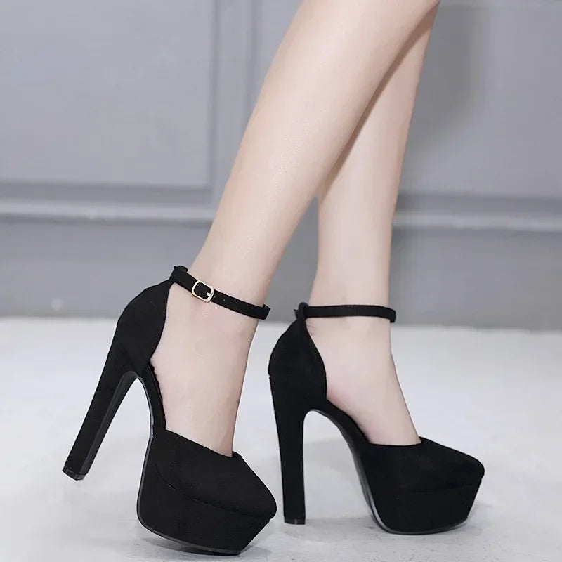 Apricot/black sexy round toe flock platform buckle strap Thin heel High Heel