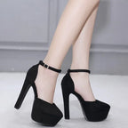 Apricot/black  round toe flock platform buckle strap Thin heel High Heel
