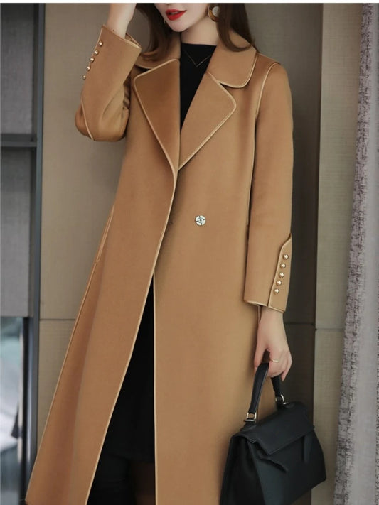 Autumn Fashion Wool Winter Solid Single Button Belt Elegant Casual Coat