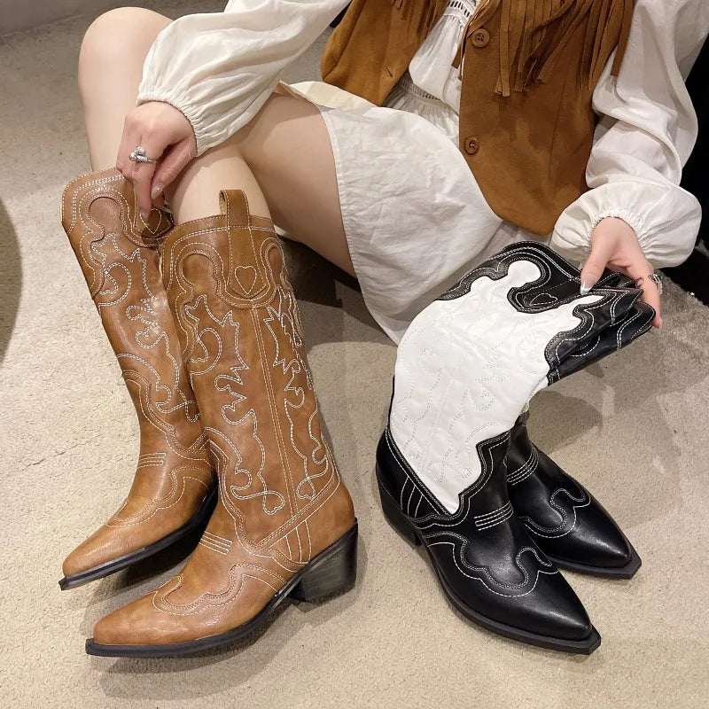 Luxurious Retro Embroidered Stylish Pointed Toe Fashionable Knee High Boots Main image