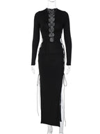 Autumn  Y2K Hollow Out O-Neck Side Slit Club Streetwear Midi Dresses