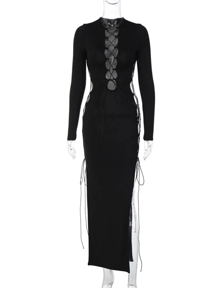 Autumn  Y2K Hollow Out O-Neck Side Slit Club Streetwear Midi Dresses