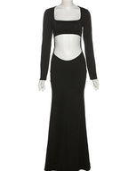 Autumn Solid Color Hollow Out  Elegant Midnight Night Hot Midi Dresses