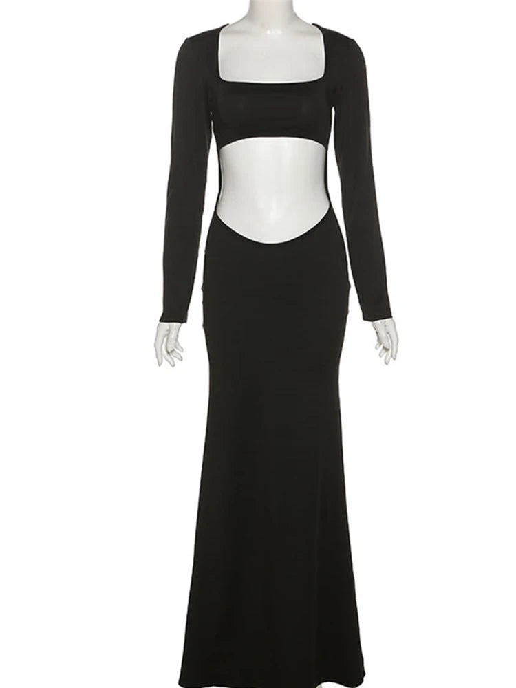 Autumn Solid Color Hollow Out  Elegant Midnight Night Hot Midi Dresses