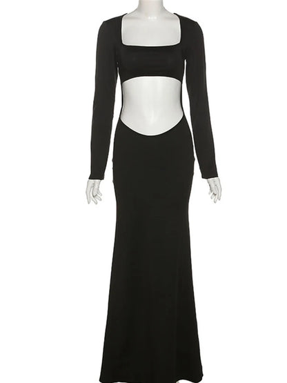 Autumn Solid Color Hollow Out Sexy Elegant Midnight Night Hot Midi Dresses
