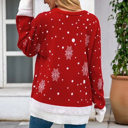 Christmas Sweater with Cartoon Reindeer Print and Fur Collar