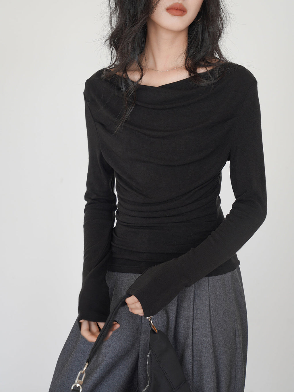Draped Long Graceful Sleeve Slinky Shirt Black / XS T Shirts