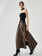Pleated Split Maxi Trendy Skirt Without Belt Brown / XS Skirts