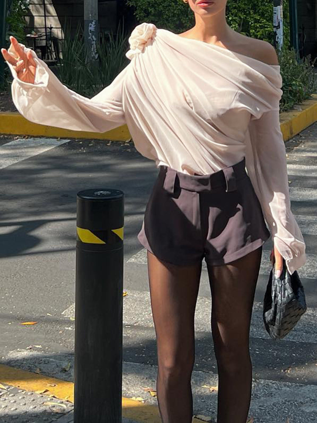 Chiffon Semi sheer One Trendy Shoulder Asymmetrical Top Shirts