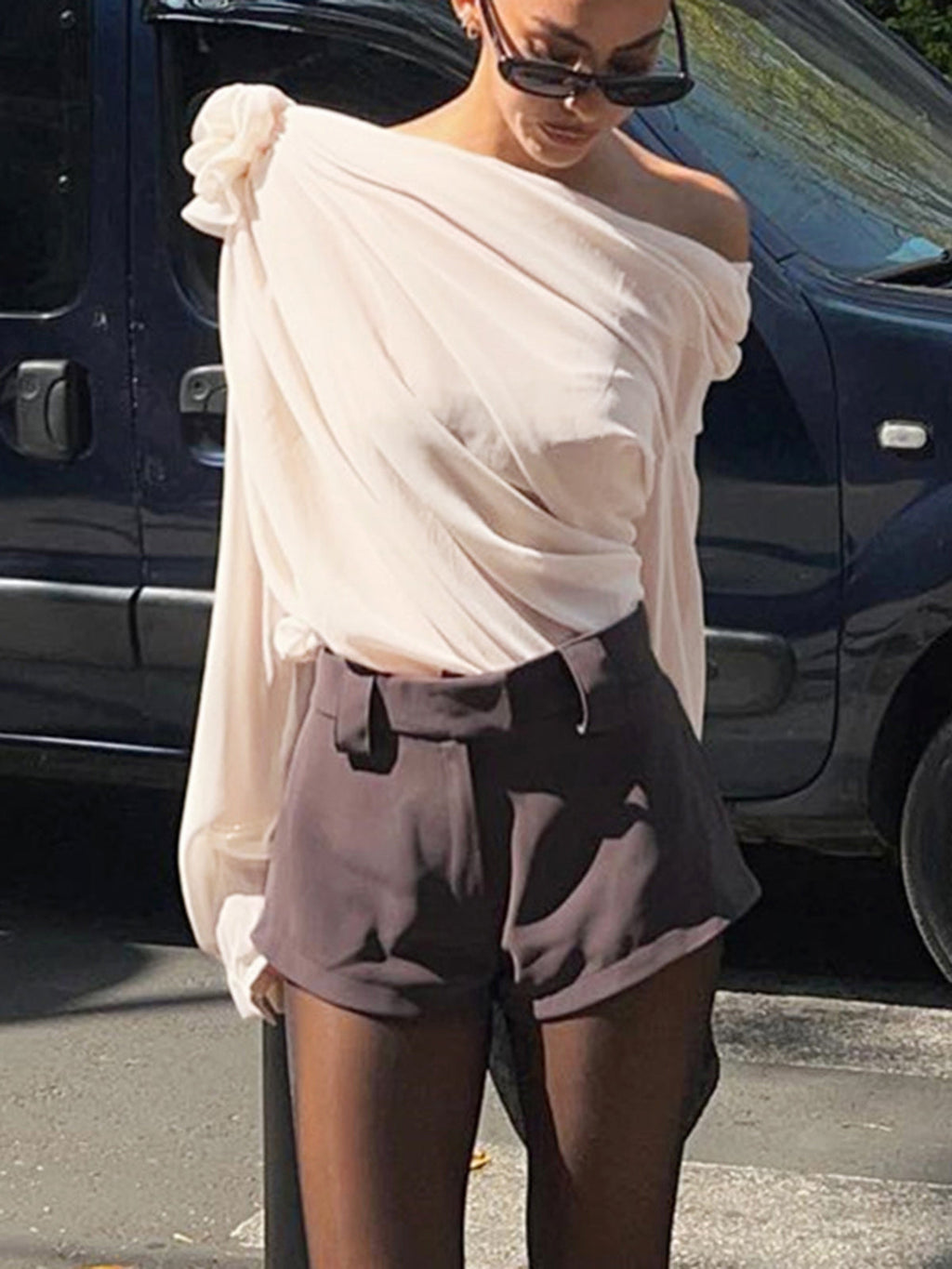 Chiffon Semi sheer One Trendy Shoulder Asymmetrical Top Shirts