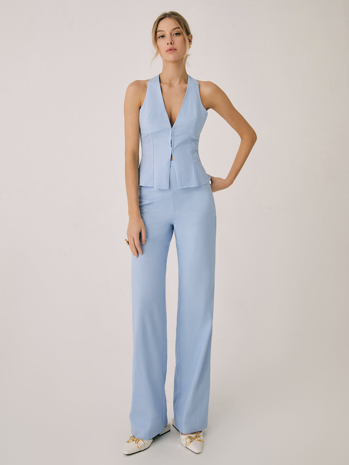 Cotton & Linen Vest Modern With Straight Leg Pants Set Pant Sets