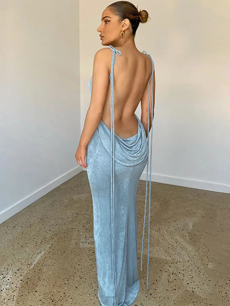 Backless Spaghetti Strap Slim Club Beach Blue Outfits Midi Dresses