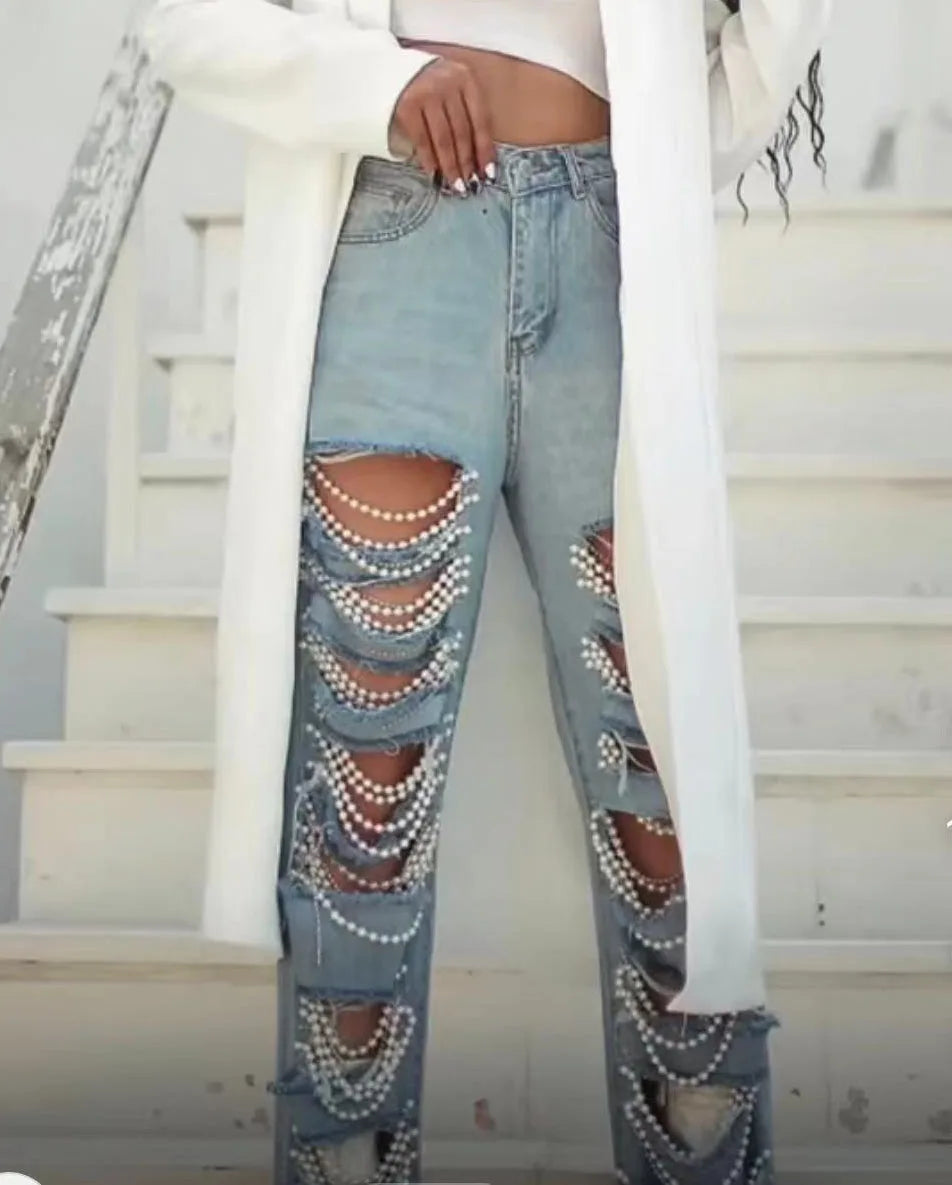 Straight Holes Pearls Diamond Rhinestones Solid Fashion Cotton High Street Jeans Main image