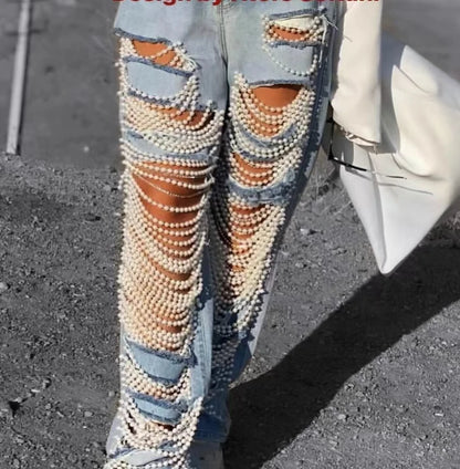 Straight Holes Pearls Diamond Rhinestones Solid Fashion Cotton High Street Jeans