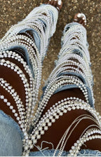 Straight Holes Pearls Diamond Rhinestones Solid Fashion Cotton High Street Jeans