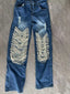 Straight Holes Pearls Diamond Rhinestones Solid Fashion Cotton High Street Jeans
