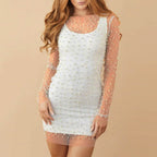 Perspective Mesh Sheer Slim Long Sleeve New Solid O Neck Party Spring Summer Women's Dress