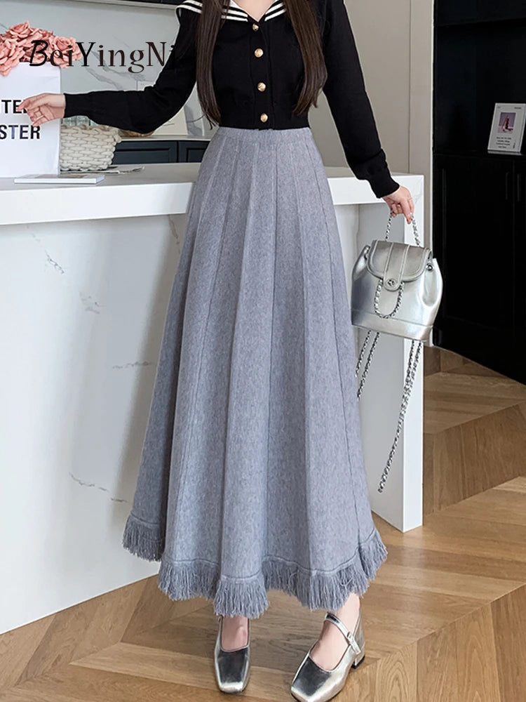 Thick Elegant Autumn Winter Fashion Tassel Warm Knitwear Casual Skirt