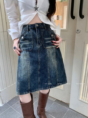DressBetty - American Retro Midi Do old Washed A-Line Skirt