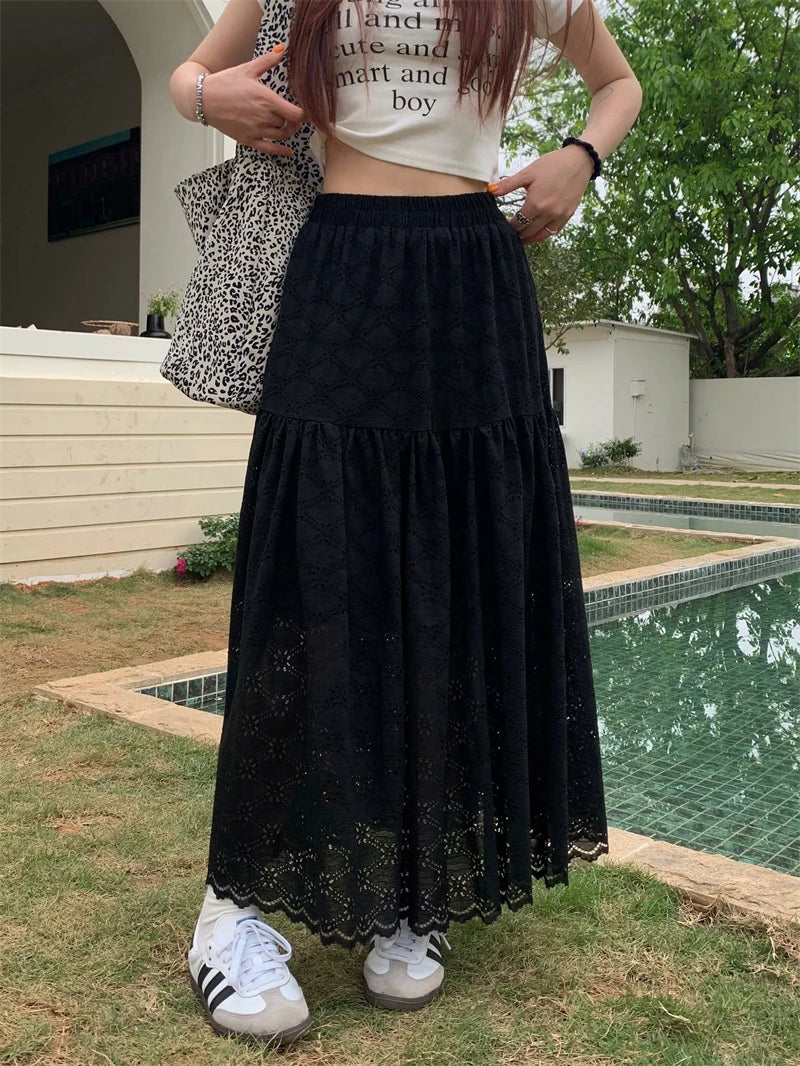 DressBetty - Black Lace Ruffled High Waist A-Line Skirt Main image