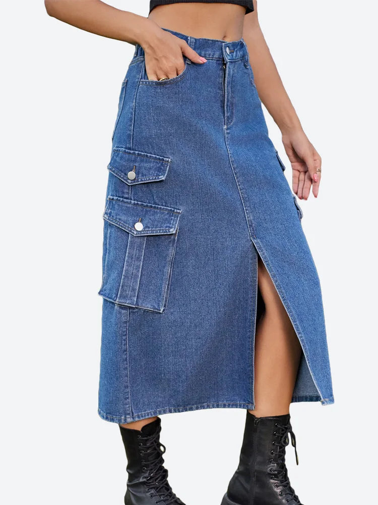 DressBetty - Casual Split Long High Waisted A-Line Cargo Jean Skirt Main image