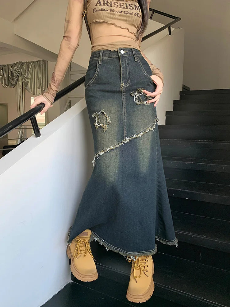 DressBetty - High Waist Raw Trim Mermaid Hem Long Denim Skirt Main image