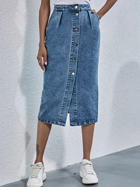 DressBetty - Single Breasted Knee Length Casual Pocket Straight Jeans Skirt