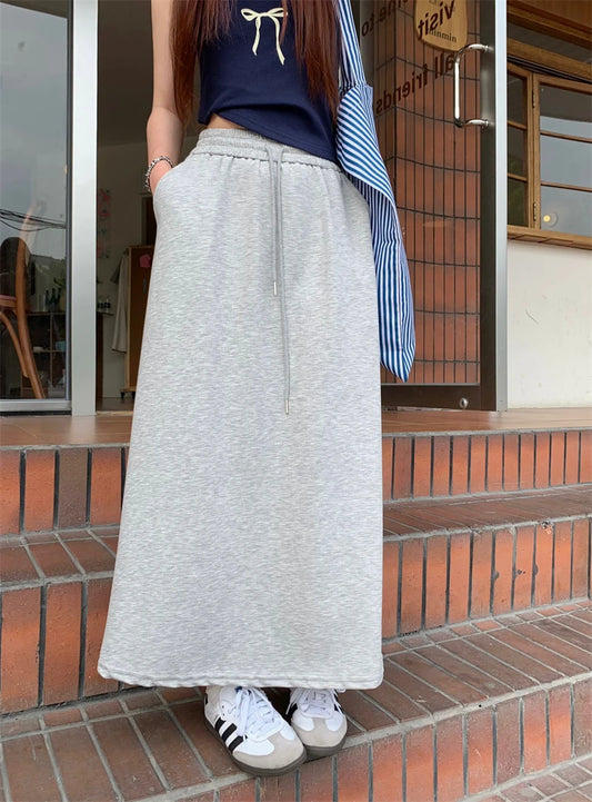 DressBetty - Solid Color Elastic Drawstring Straight Long Skirt